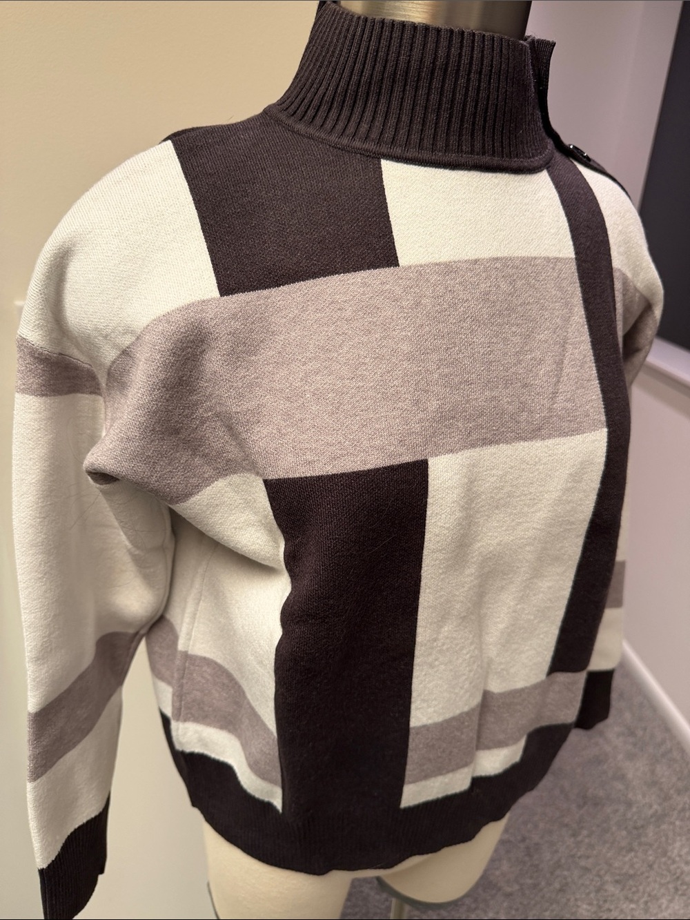 Tahari Brown, Cream & Light Gray Geometric Turtleneck Sweater